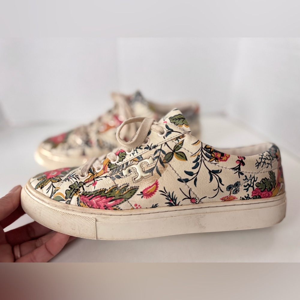 Tory Burch White Floral Print Leather Amalia Low Top Sneakers Women’s Size 8
